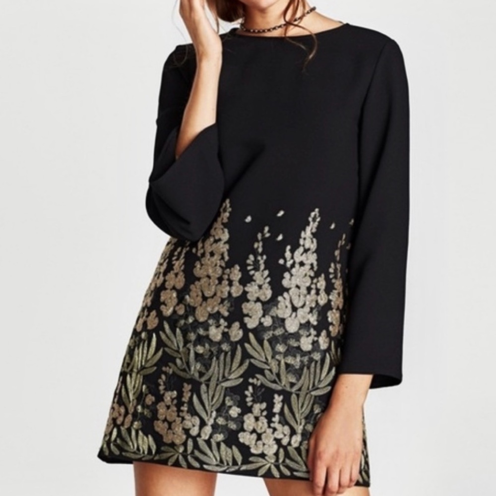 Zara Black Dress with Gold Floral Design